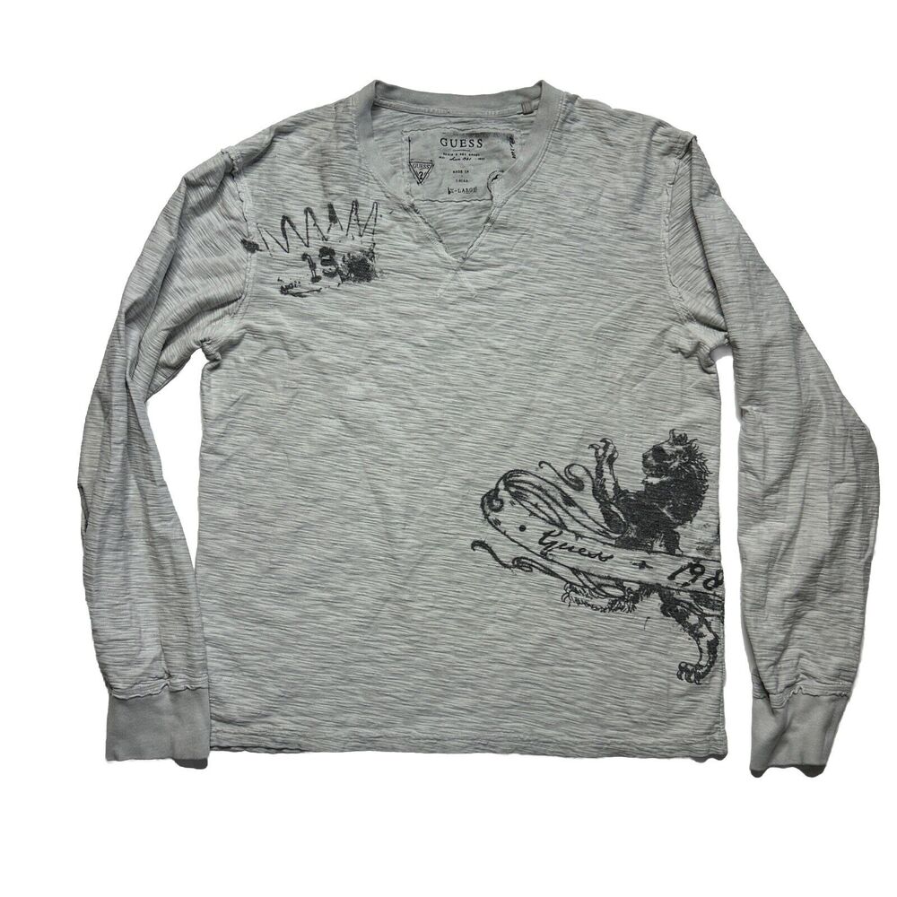 Guess Long Sleeve Shirt V-Neck Printed Shirt Men Size XL